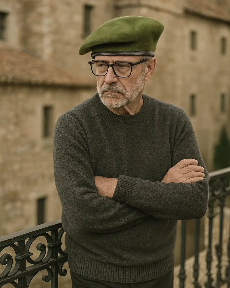 Homem usando Boina Masculina Francesa de Lã Ajustável Military Green com suéter cinza em cenário histórico, estilo marcante

