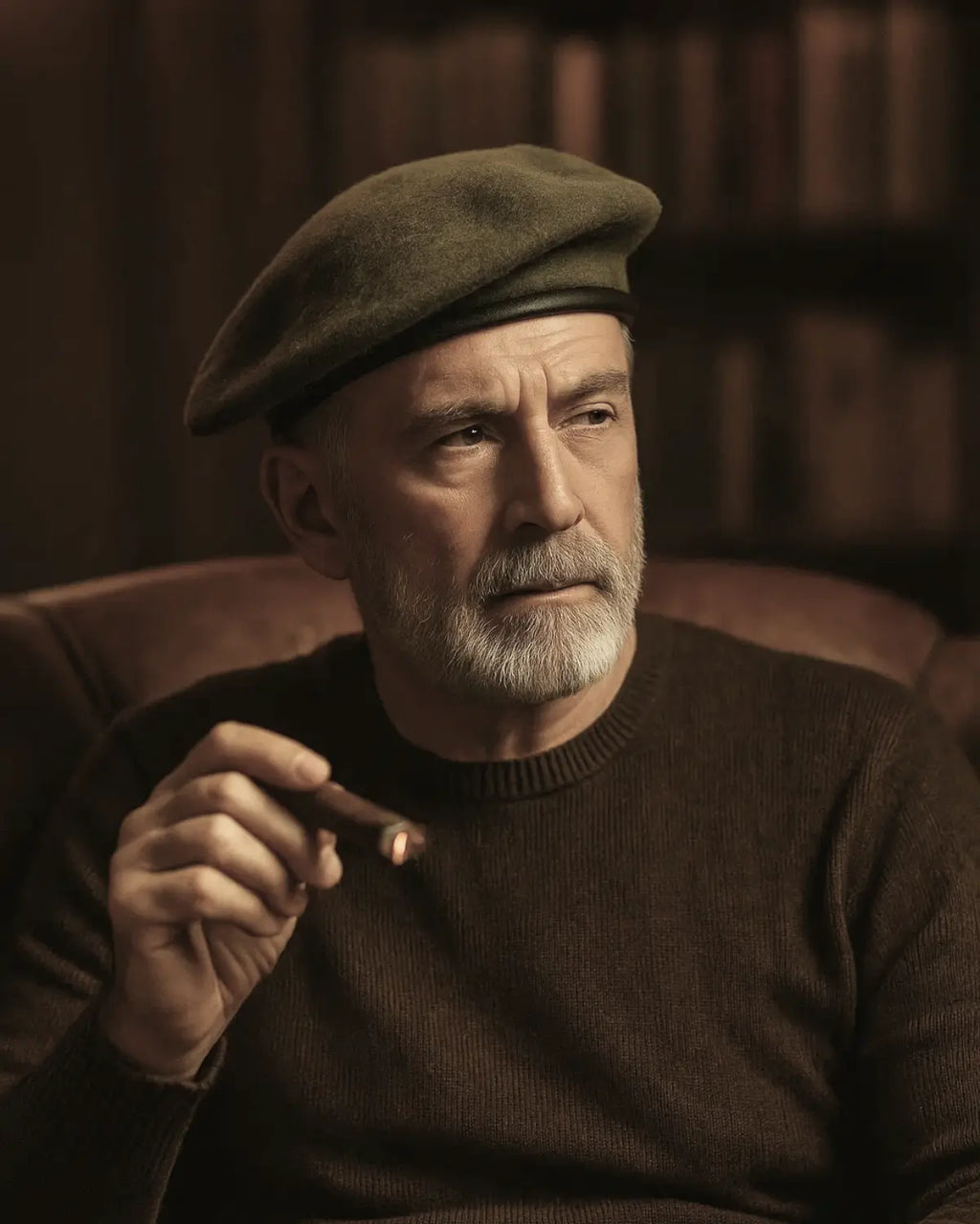Homem maduro usando Boina Masculina Francesa de Lã Ajustável Military Green segurando charuto, estilo sofisticado

