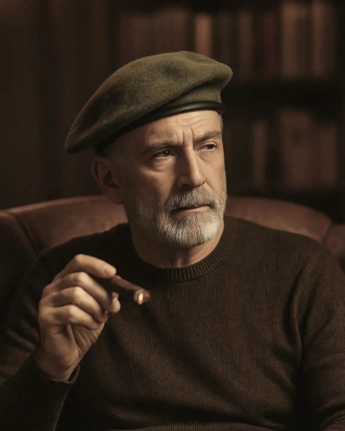 Homem maduro usando Boina Masculina Francesa de Lã Ajustável Military Green segurando charuto, estilo sofisticado

