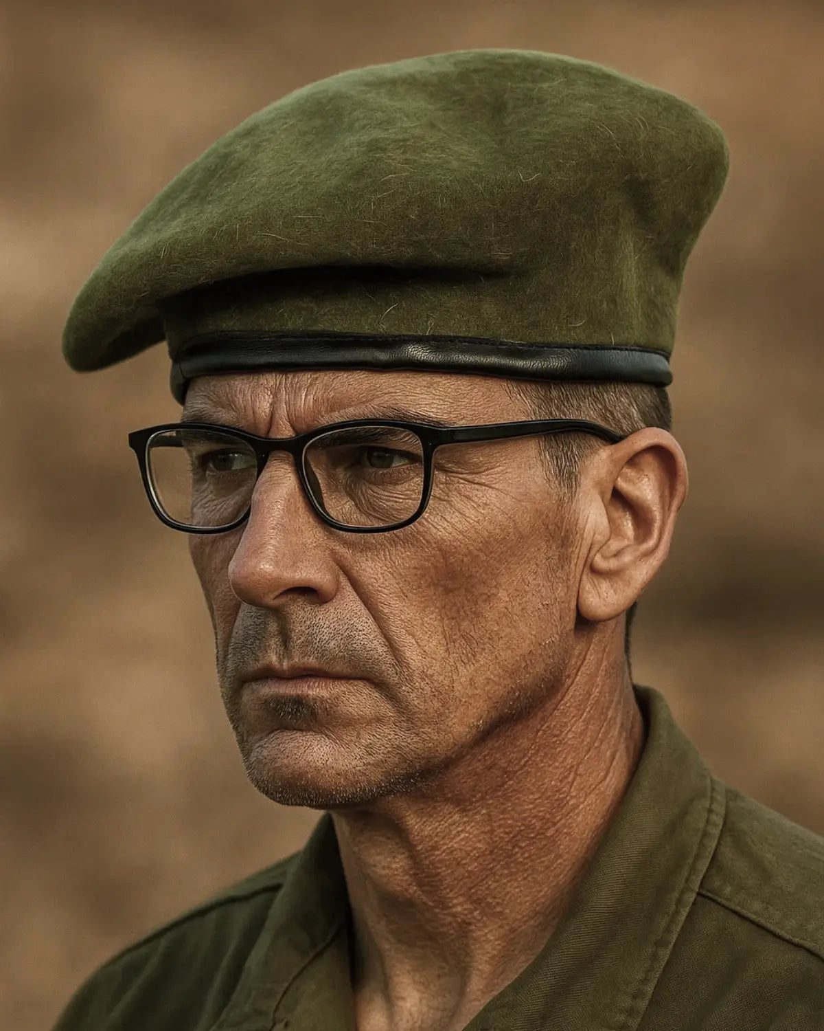 Homem visto de perfil usando Boina Masculina Francesa de Lã Ajustável Military Green com óculos de grau, estilo clássico militar

