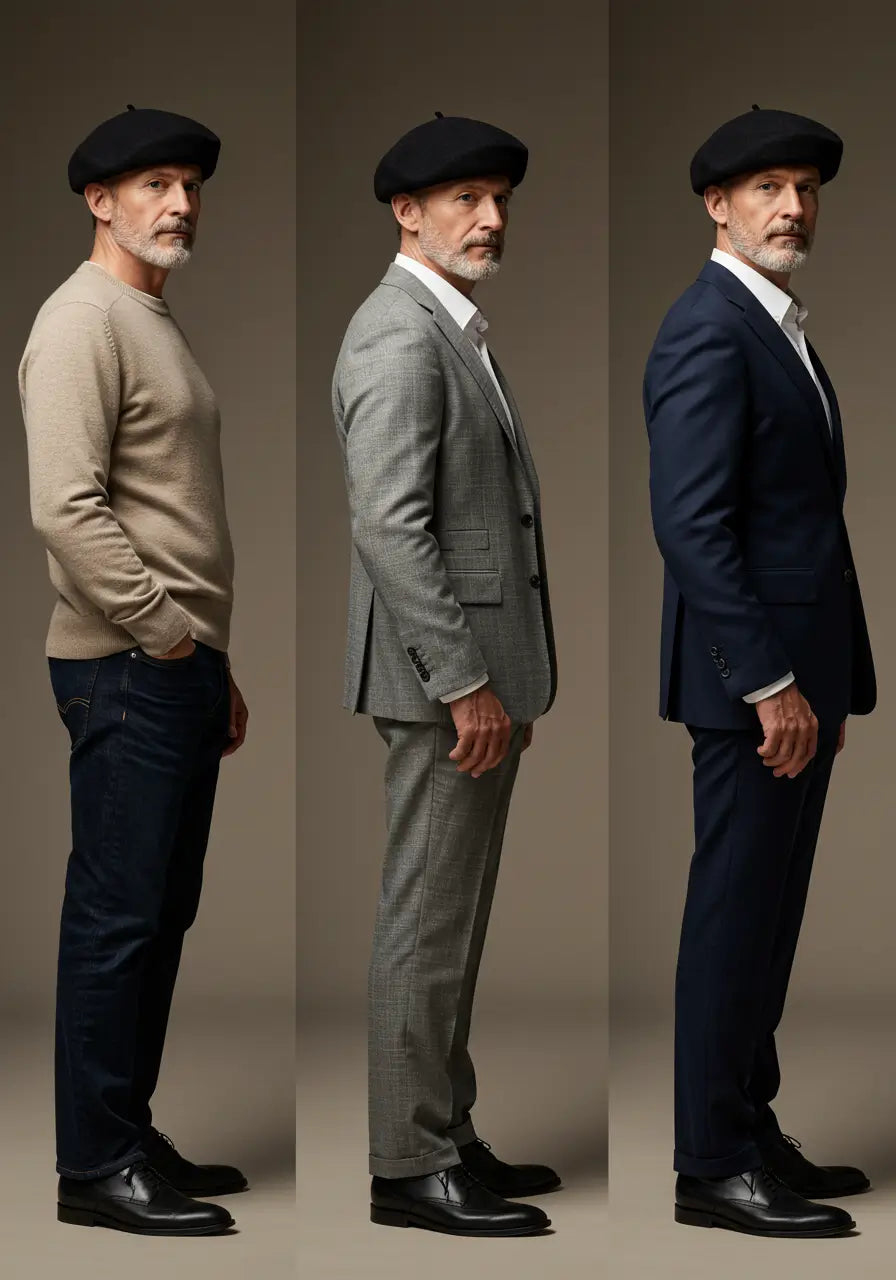 Boina masculina francesa preta combinada com diferentes looks: casual, social e alfaiataria, mostrando versatilidade.