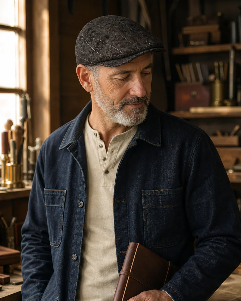 Boina Masculina Inglesa Algodão Brown Cappel em uso casual refinado por homem maduro em atelier
