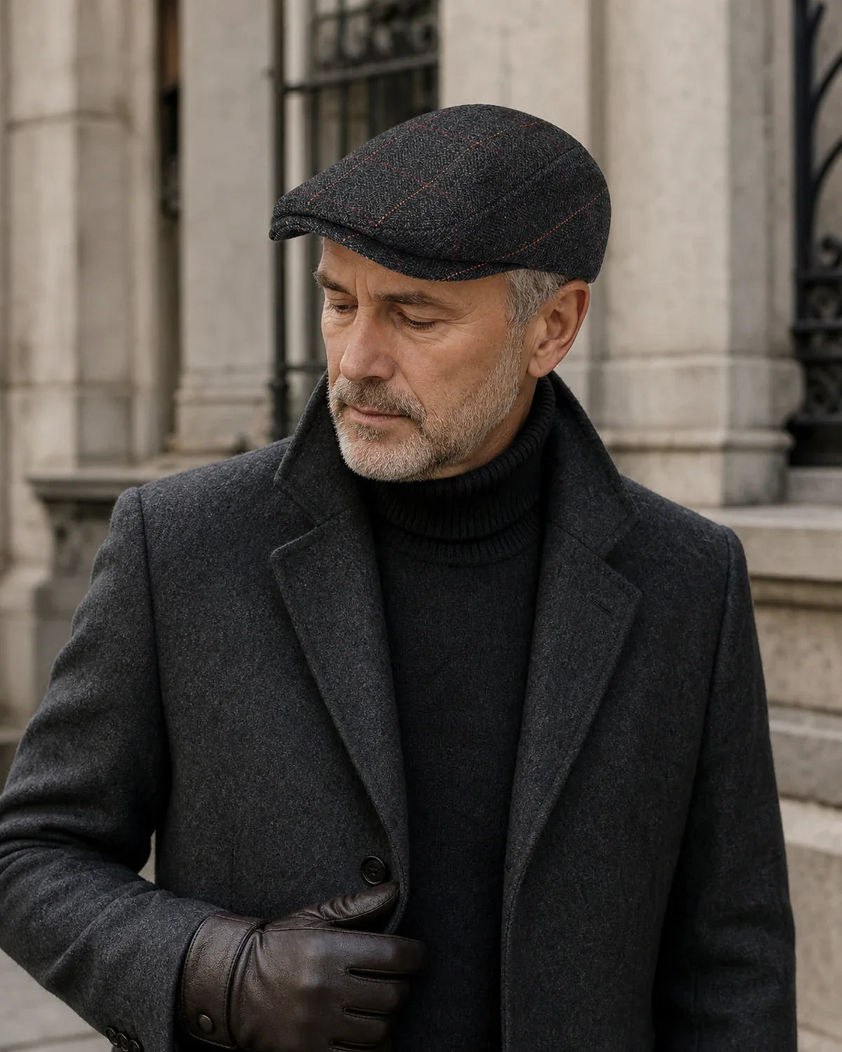 Boina Masculina Inglesa Algodão Dark Grey Cappel em uso por homem maduro em ambiente urbano elegante