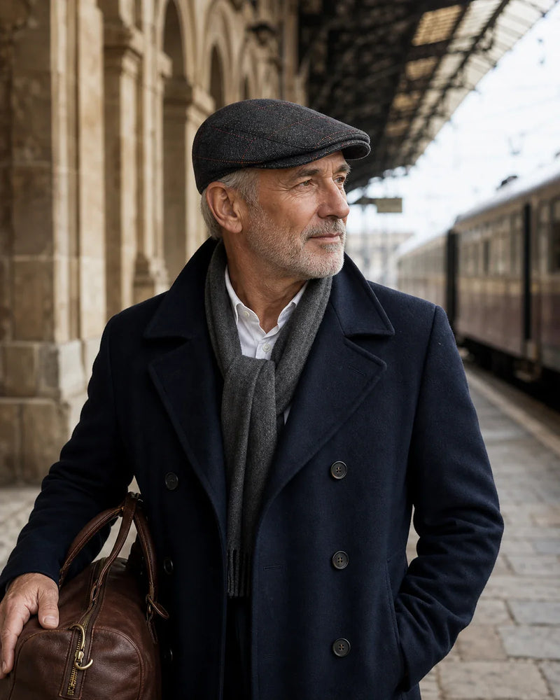 Boina Masculina Inglesa Algodão Dark Grey Cappel em look masculino de viagem em estação clássica