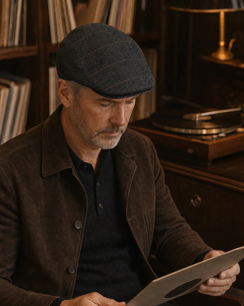 Boina Masculina Inglesa Algodão Dark Grey Cappel em lifestyle cultural com música e vinil