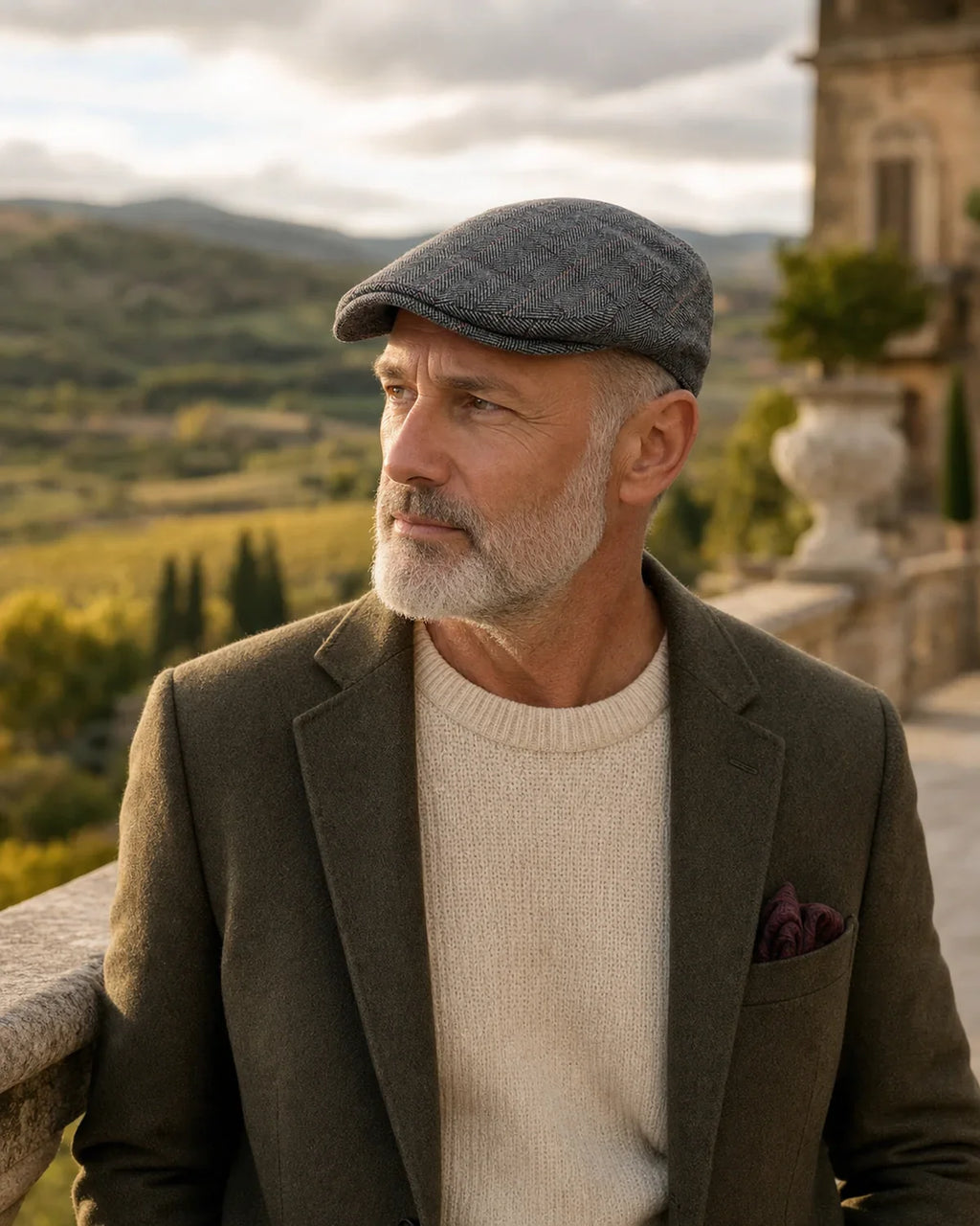 Boina Masculina Inglesa Algodão Grey em lifestyle masculino em terraço de vinícola