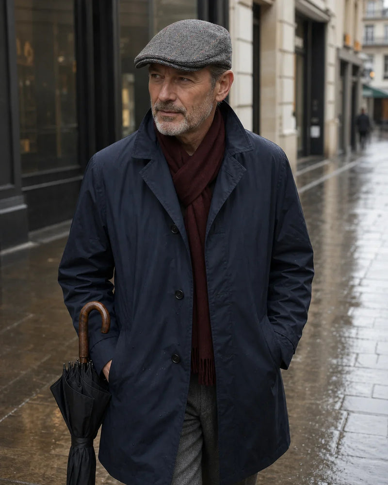 Boina Masculina Inglesa Algodão Grey em look masculino elegante em rua chuvosa