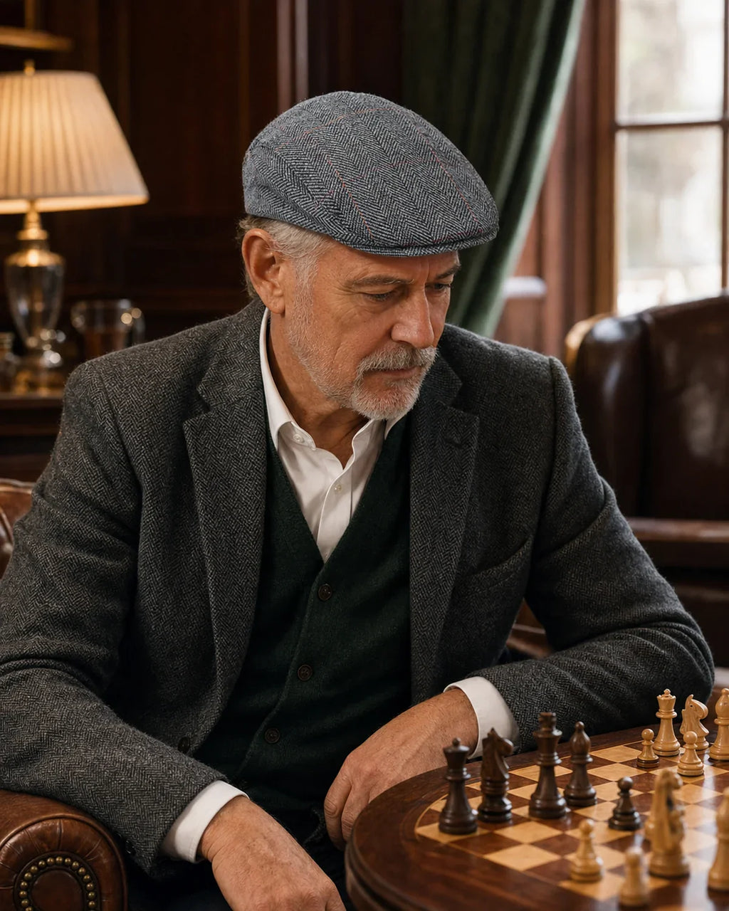 Boina Masculina Inglesa Algodão Grey em uso por homem 45 mais em clube de xadrez