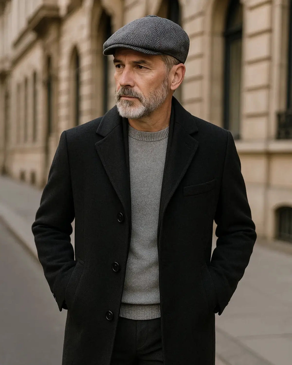 Homem elegante usando boina masculina inglesa de algodão cinza com sobretudo preto e suéter cinza em ambiente urbano clássico.