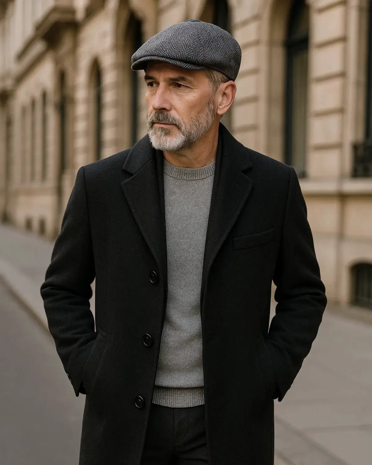 Homem elegante usando boina masculina inglesa de algodão cinza com sobretudo preto e suéter cinza em ambiente urbano clássico.