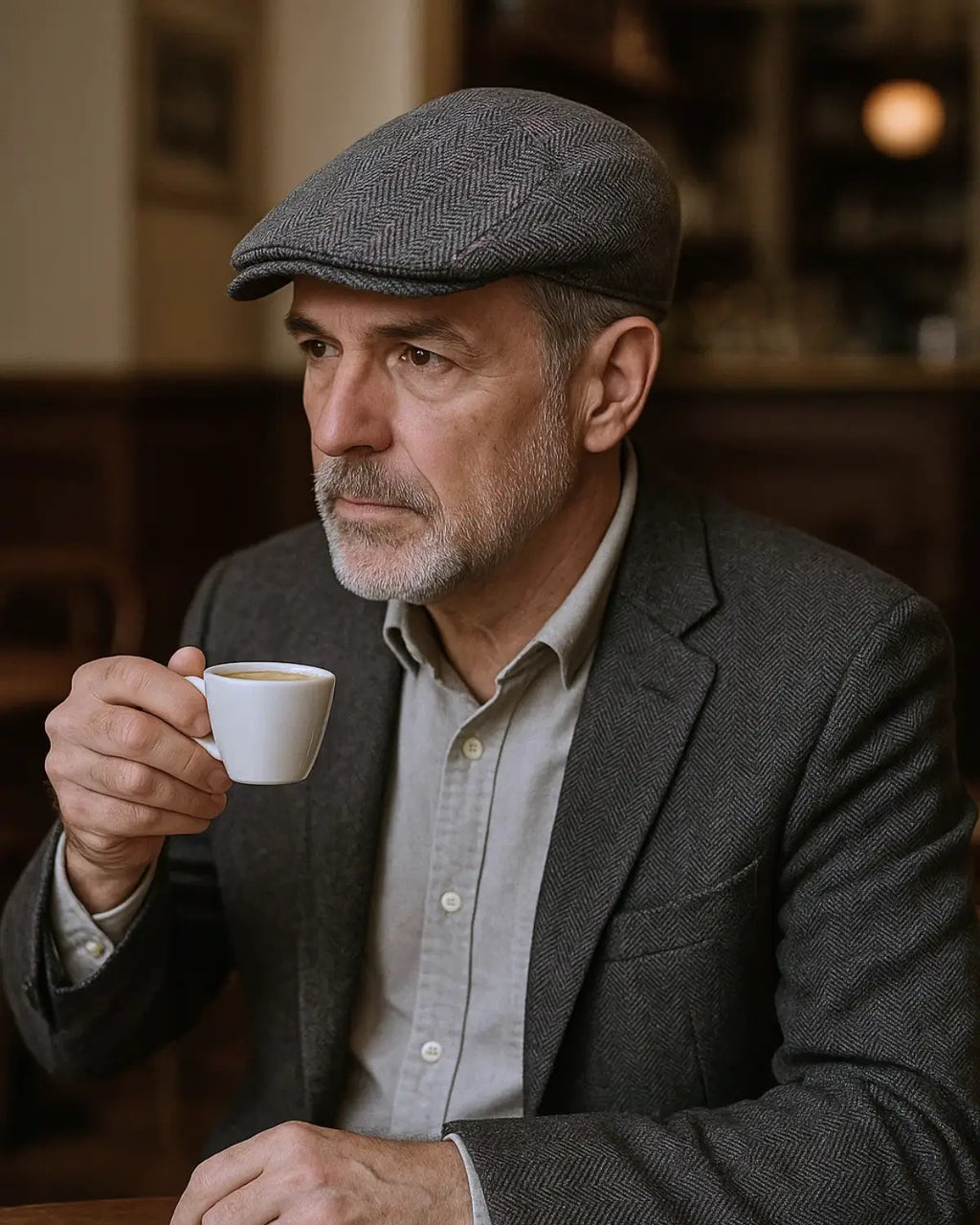 Homem maduro tomando café em cafeteria usando boina inglesa masculina cinza de algodão e blazer social.