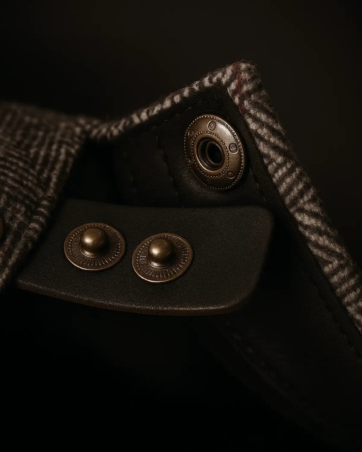 Detalhe do fecho em metal e costura reforçada da boina inglesa masculina de algodão cinza.