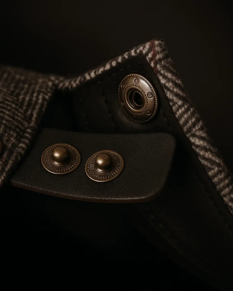 Detalhe do fecho em metal e costura reforçada da boina inglesa masculina de algodão cinza.