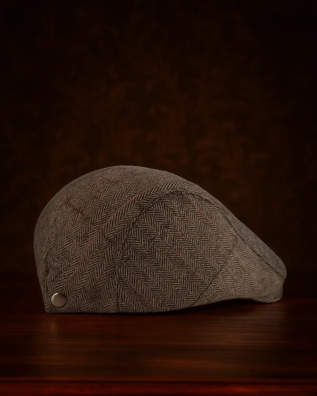 Vista lateral da boina inglesa masculina cinza, destacando formato clássico e acabamento premium.