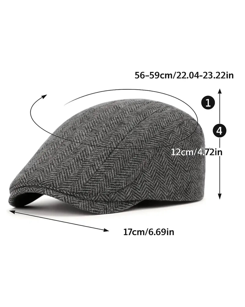 Boina masculina inglesa de algodão cinza com ilustração das medidas (circunferência 56-59 cm, comprimento 17 cm, altura 12 cm).