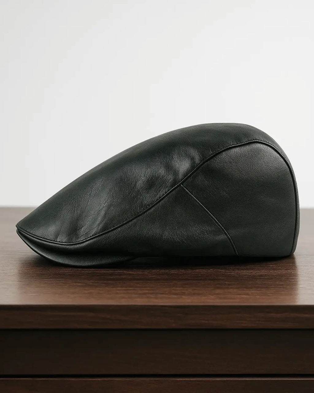 Boina masculina inglesa de couro preta posicionada lateralmente sobre mesa de madeira escura