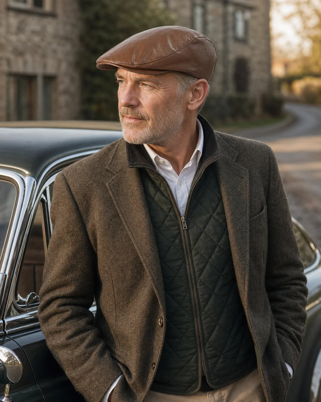 Boina Masculina Inglesa Couro Brown Cappel em look masculino elegante com carro clássico