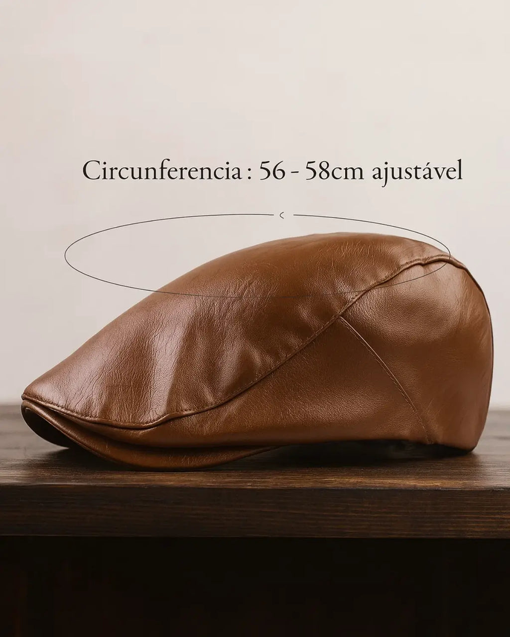 Boina inglesa marrom sobre mesa escura com indicação de circunferência ajustável de 56 a 58 cm