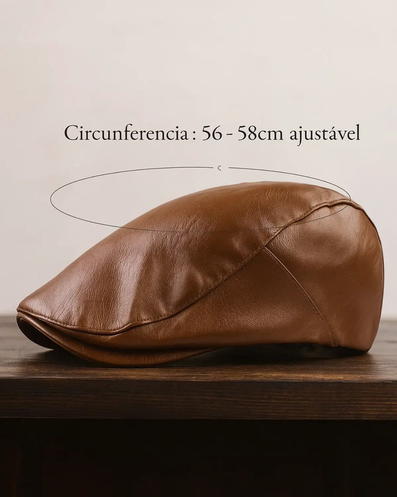 Boina inglesa marrom sobre mesa escura com indicação de circunferência ajustável de 56 a 58 cm