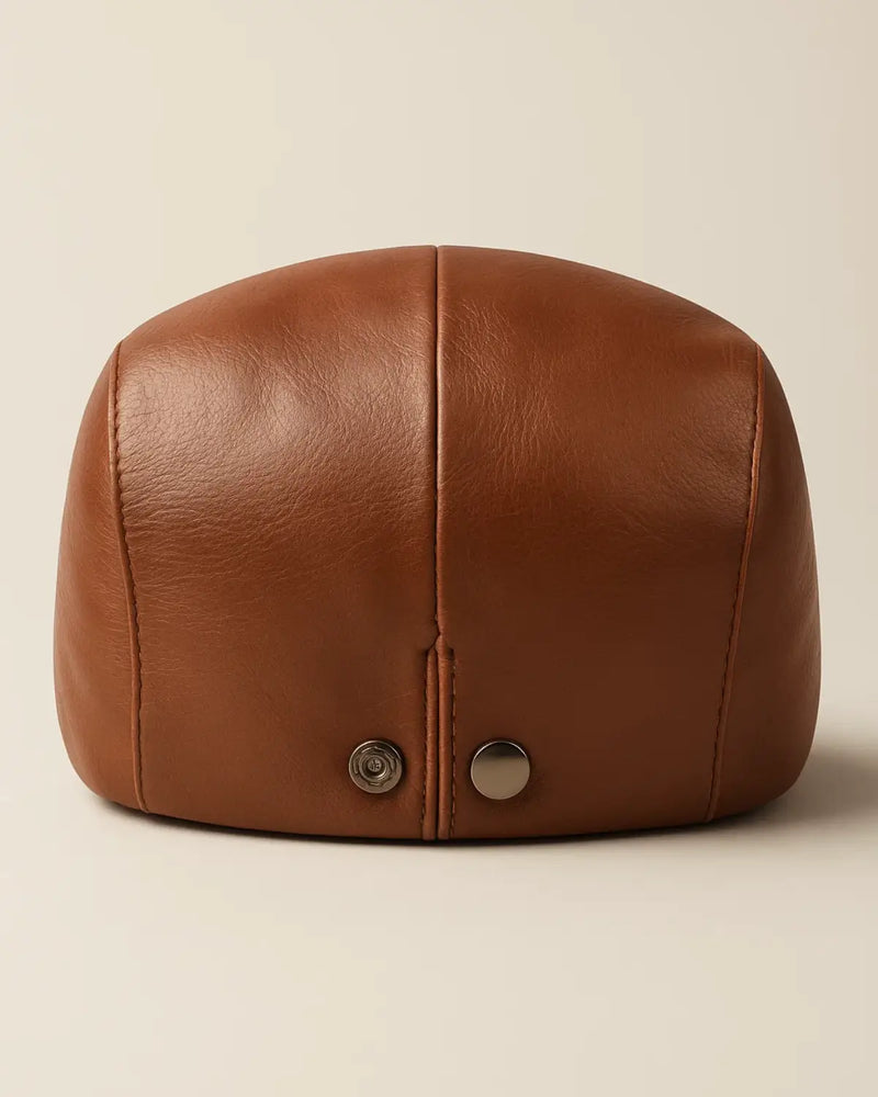 Vista traseira da boina inglesa de couro marrom com botões metálicos de ajuste