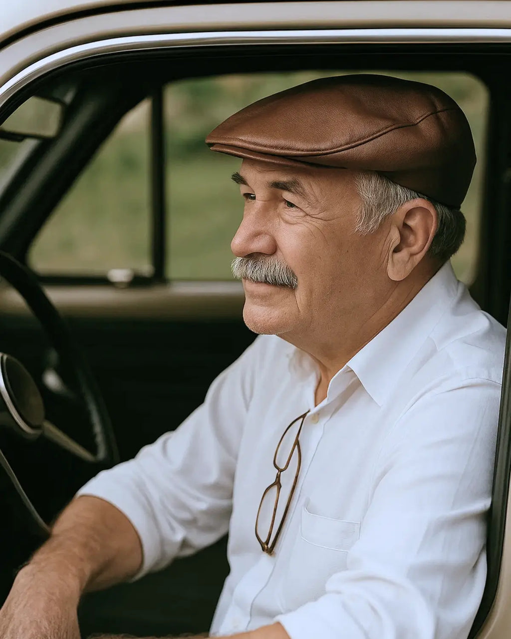 Homem mais velho com boina inglesa de couro marrom sentado no carro com expressão serena
