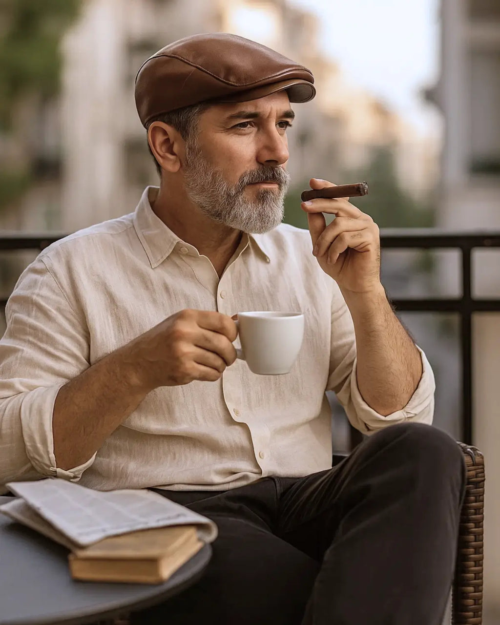 Homem maduro com boina inglesa marrom tomando café e segurando charuto em varanda urbana