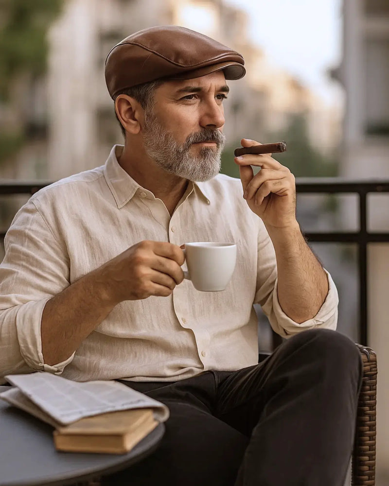 Homem maduro com boina inglesa marrom tomando café e segurando charuto em varanda urbana