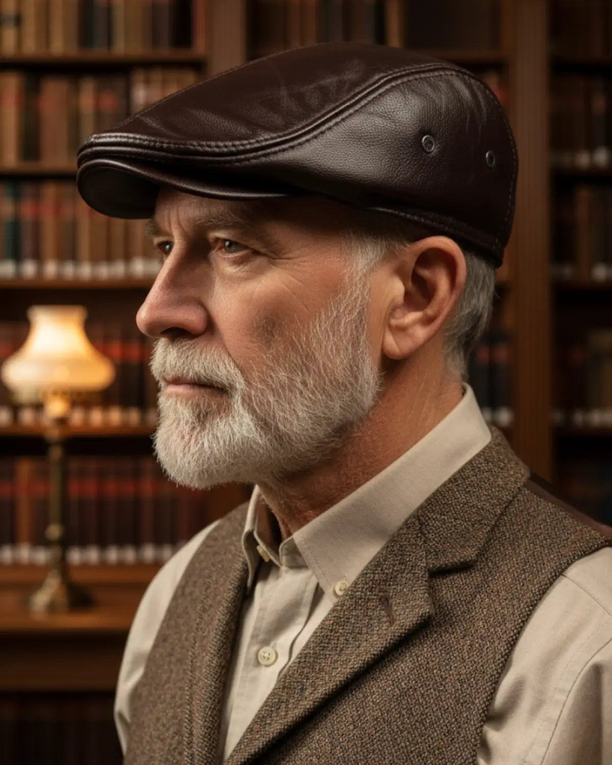 Homem mais velho usando boina inglesa de couro coffee Dorian, vista lateral, visual vintage e refinado com colete de lã, biblioteca ao fundo