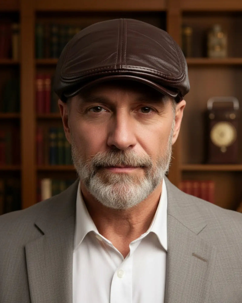 Homem maduro usando boina masculina inglesa de couro coffee Dorian, vista frontal, look clássico em ambiente sofisticado com estante de livros ao fundo