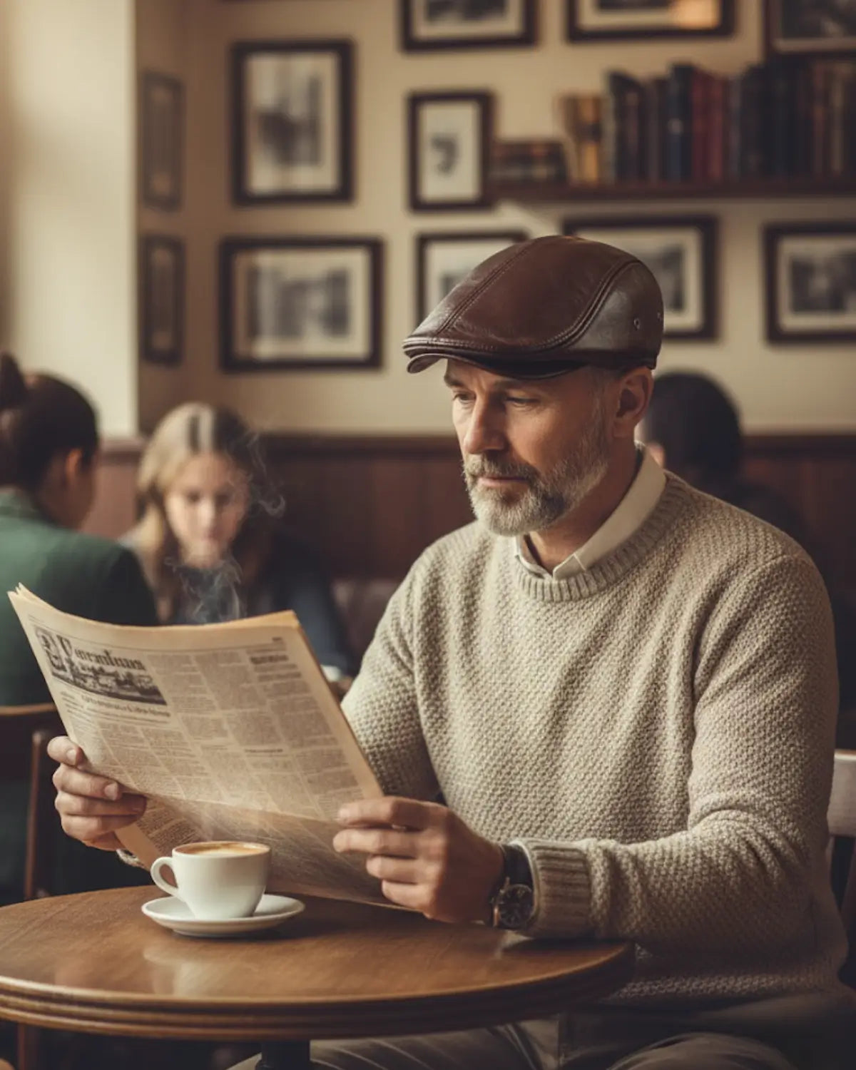 Homem lendo jornal em cafeteria retrô, vestindo boina inglesa de couro coffee Dorian, estilo casual elegante e atmosfera aconchegante do passado