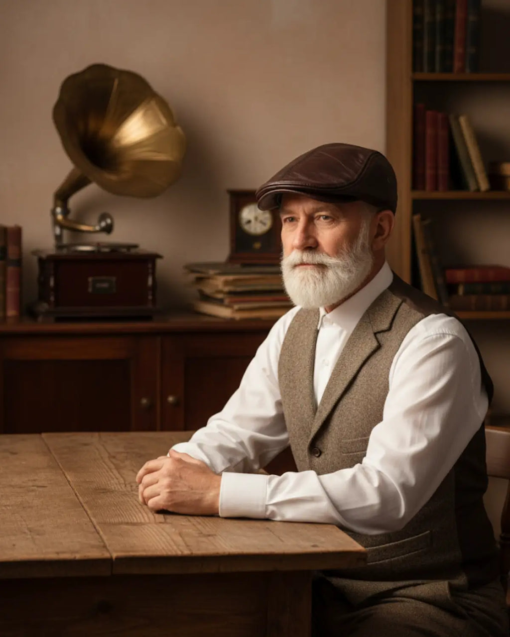 Homem usando boina inglesa de couro coffee Dorian, sentado à mesa rústica com gramofone ao fundo, remetendo à tradição e elegância vintage
