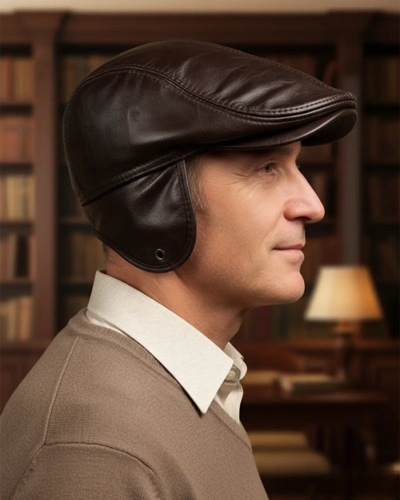 Visão lateral de homem com boina masculina inglesa de couro coffee Dorian, destaque para protetor de orelha em uso, acabamento premium, fundo de biblioteca clássica