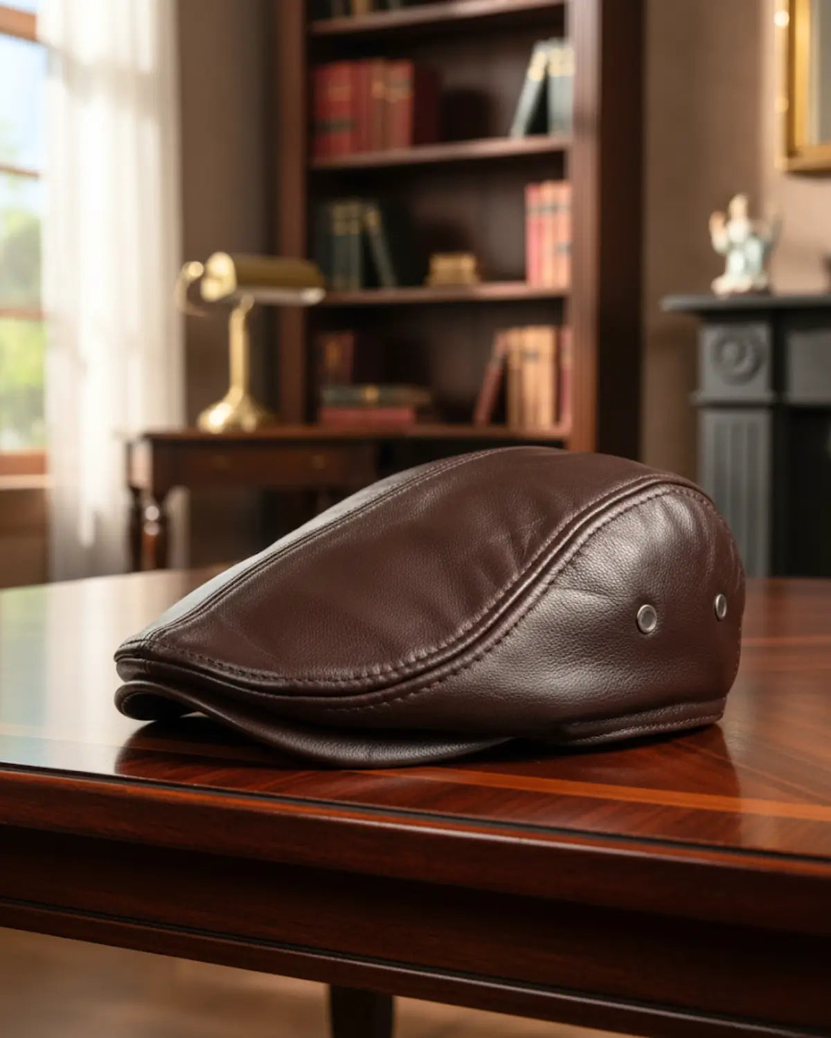 Boina masculina inglesa de couro legítimo coffee Dorian sobre mesa de madeira, ambiente clássico, iluminação natural, produto premium