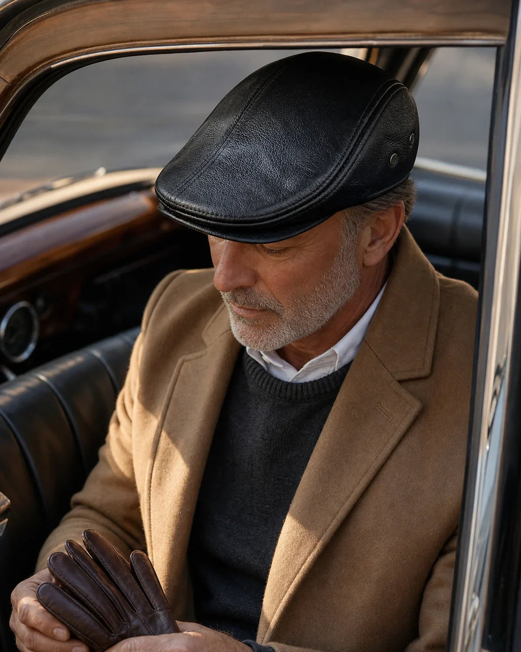 Boina Masculina Inglesa de Couro Dorian Black em lifestyle com carro clássico