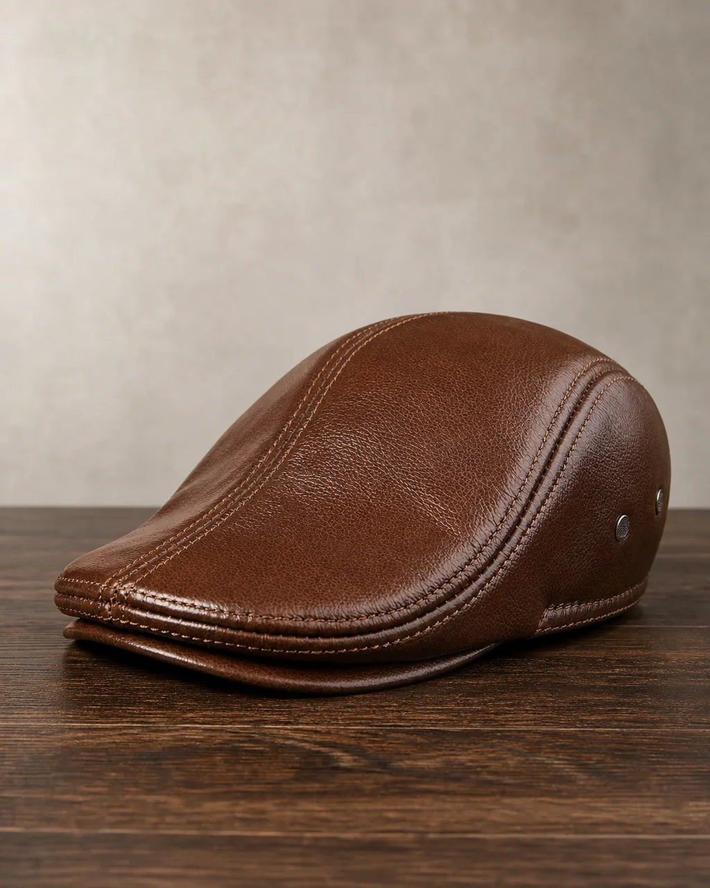 Boina Masculina Inglesa de Couro Dorian Brown sobre mesa de madeira escura Cappel