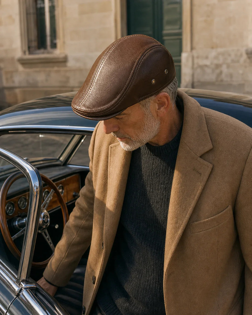 Boina Masculina Inglesa de Couro Dorian Brown em lifestyle com carro clássico