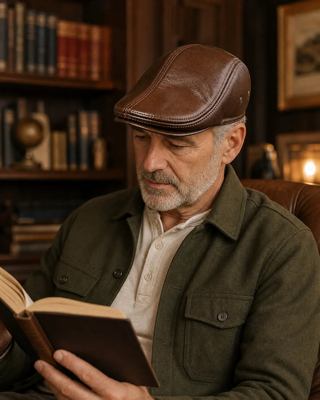 Boina Masculina Inglesa de Couro Dorian Brown em ambiente de biblioteca e leitura