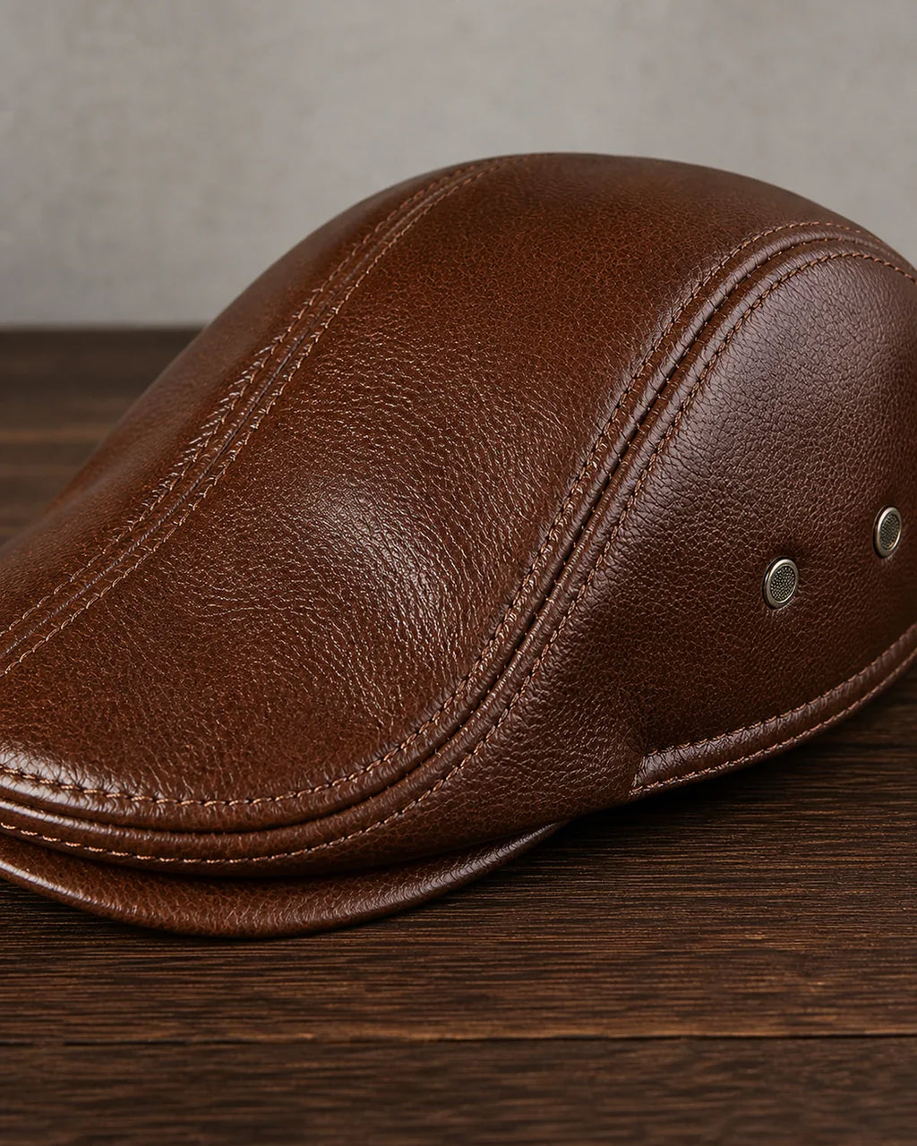 Detalhe do couro legítimo e costura da Boina Masculina Inglesa de Couro Dorian Brown