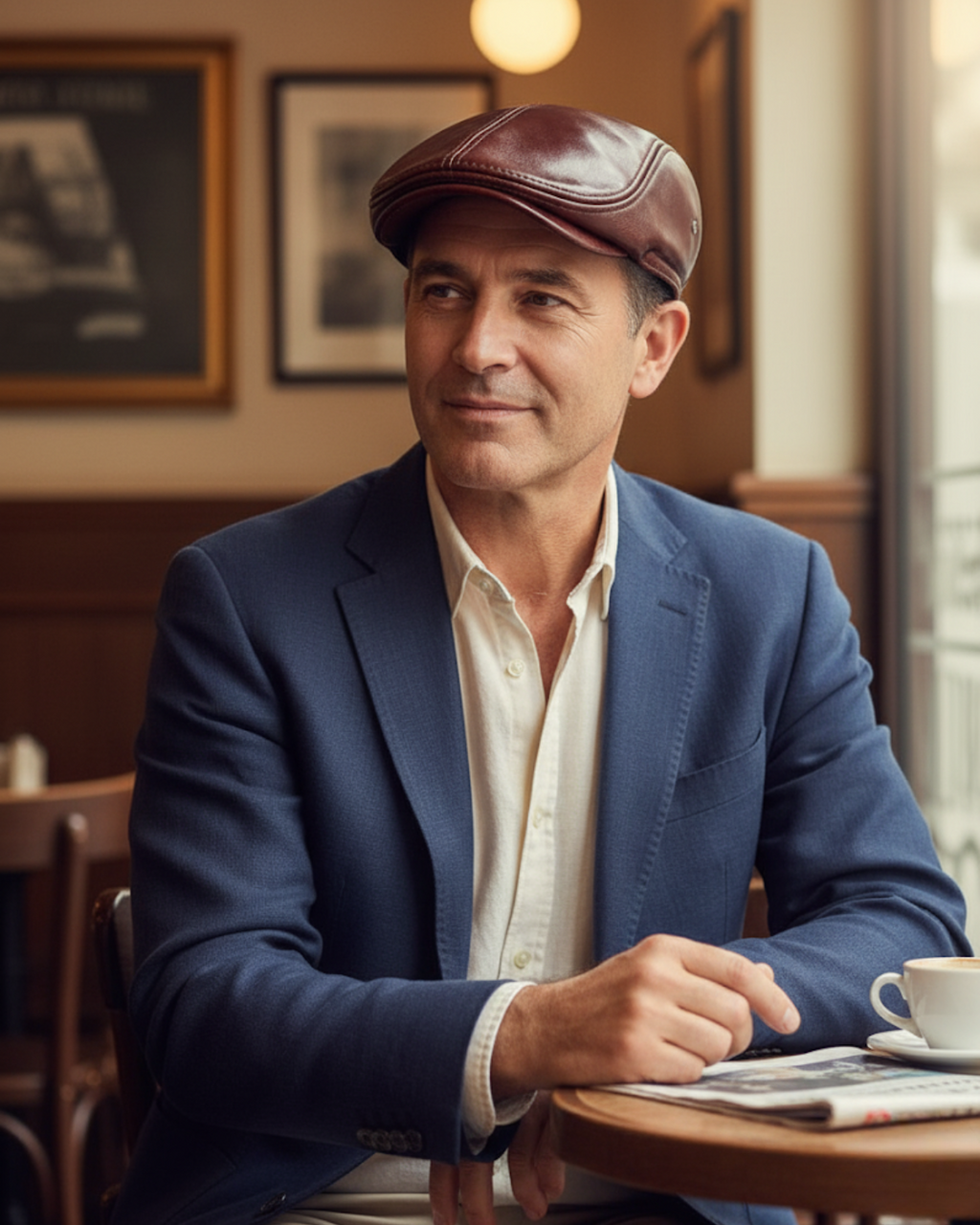 Homem adulto com boina masculina inglesa de couro Dorian Brown, sentado em cafeteria, estilo casual refinado, ambiente urbano e aconchegante