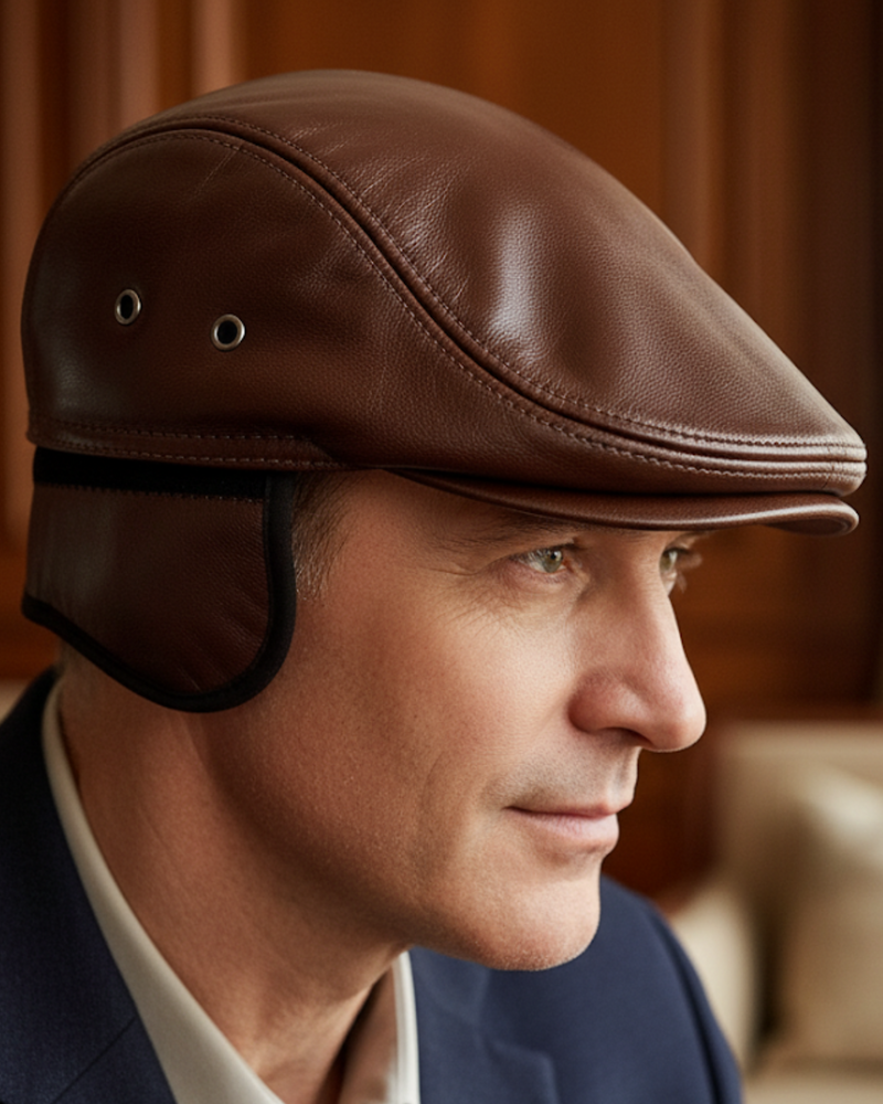 Boina masculina inglesa de couro Dorian Brown em uso, foco no protetor de orelha, acabamento sofisticado e funcionalidade para clima frio
