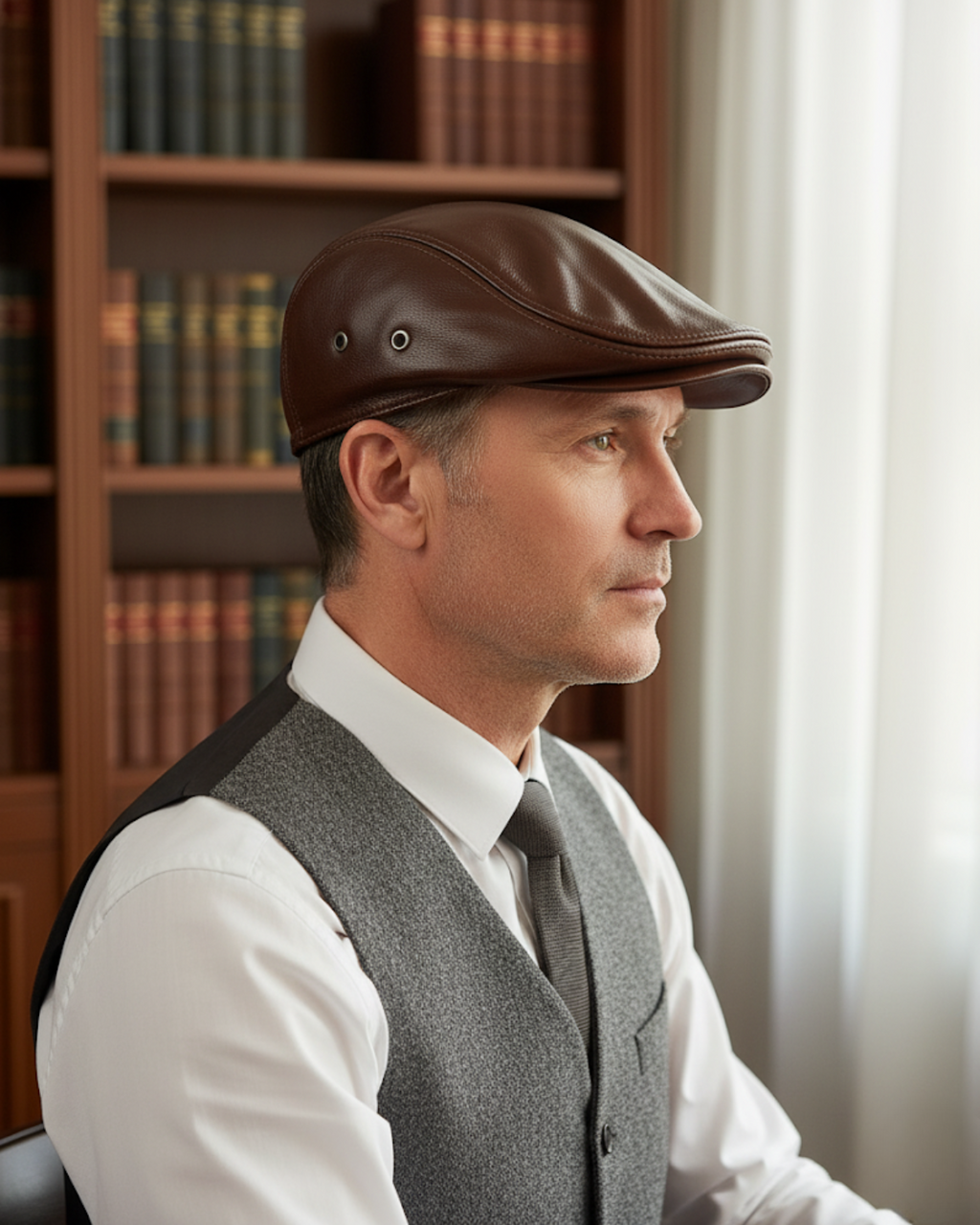 Homem elegante com boina masculina inglesa de couro Dorian Brown, perfil lateral, look clássico em ambiente refinado, público adulto sofisticado