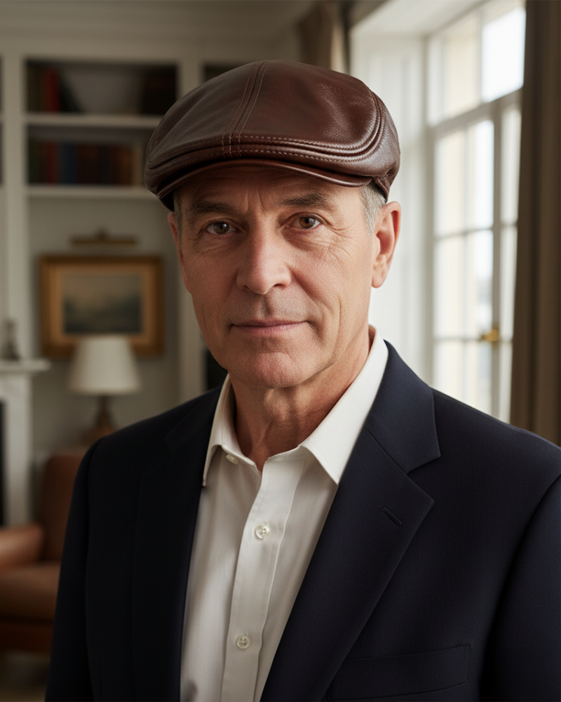 Boina masculina inglesa de couro Dorian Brown em look frontal, homem com camisa branca e blazer, ambiente sofisticado e iluminação de janela.