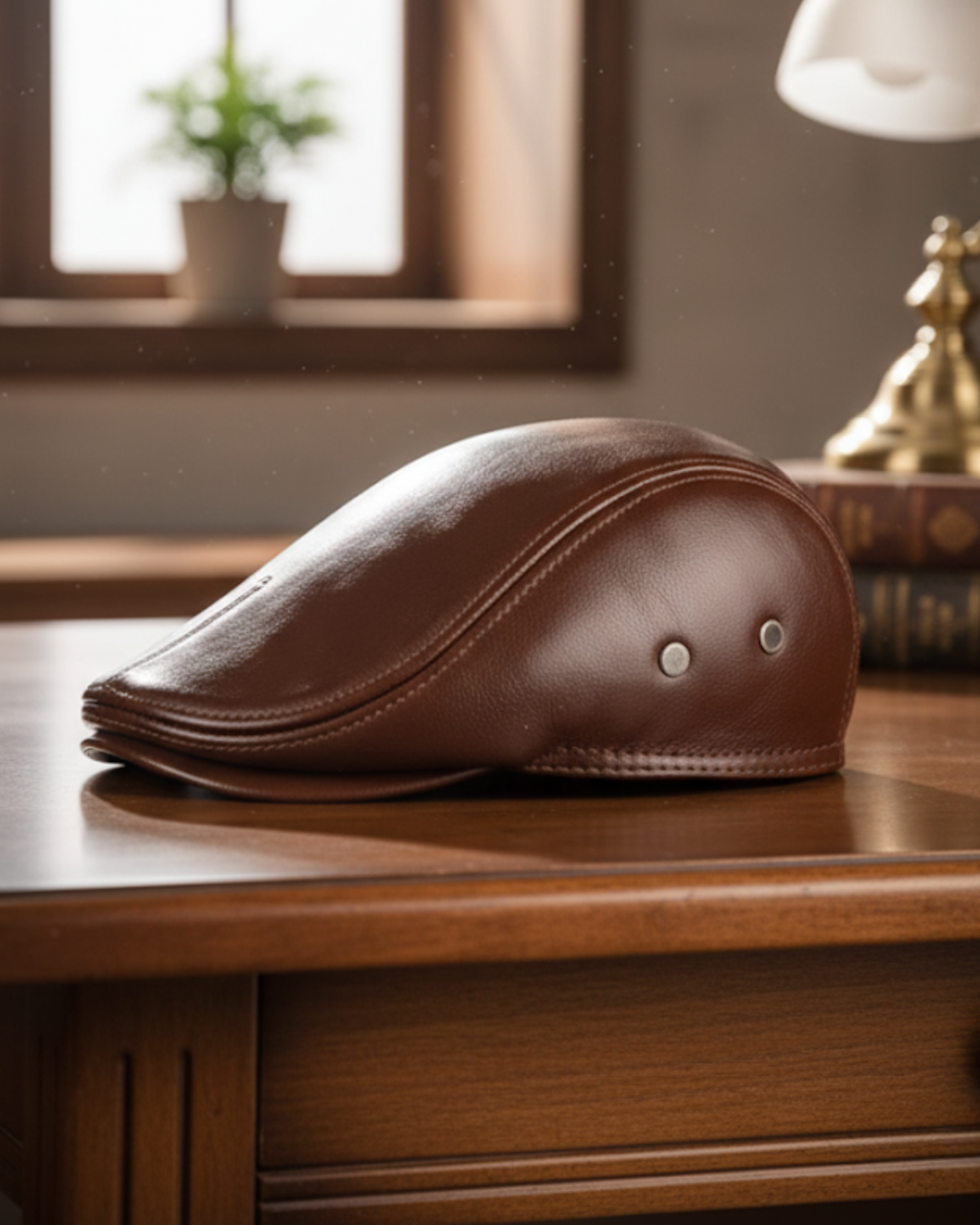 Boina masculina inglesa de couro legítimo Dorian Brown sobre mesa em ambiente sofisticado, destaque para visual clássico e elegante