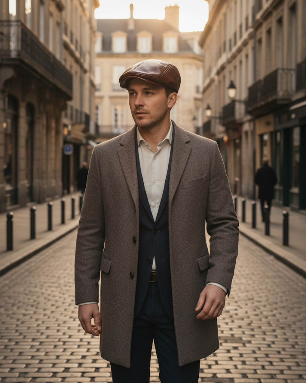 Homem estiloso usando boina masculina inglesa de couro Dorian Brown, andando por rua clássica europeia ao entardecer, estilo urbano masculino sofisticado