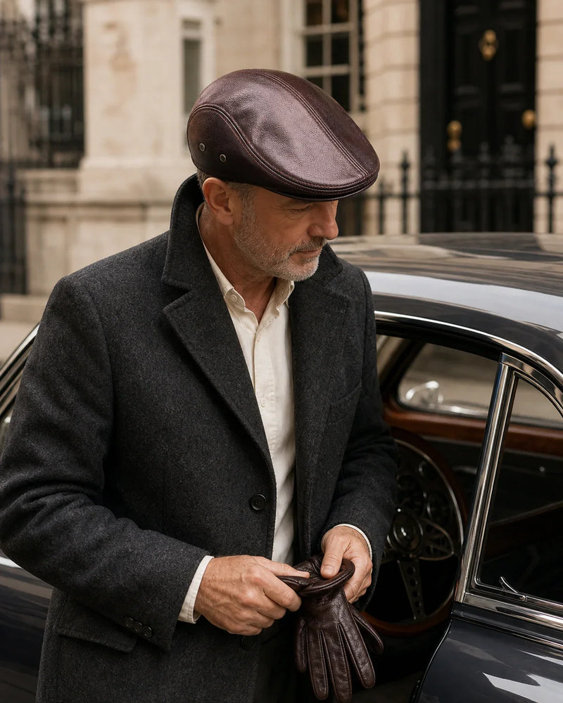 Boina Masculina Inglesa de Couro Dorian Coffee em lifestyle com carro clássico