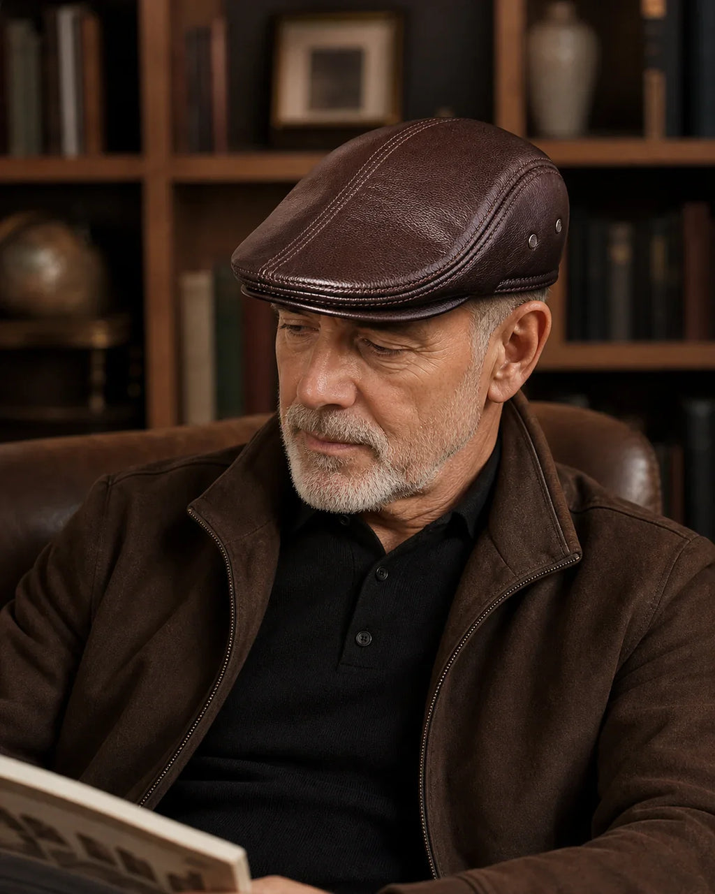 Boina Masculina Inglesa de Couro Dorian Coffee em sala de leitura clássica