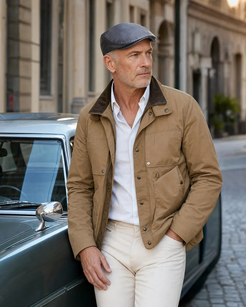 Boina Masculina Inglesa Couro Gray Cappel em look masculino elegante com carro clássico