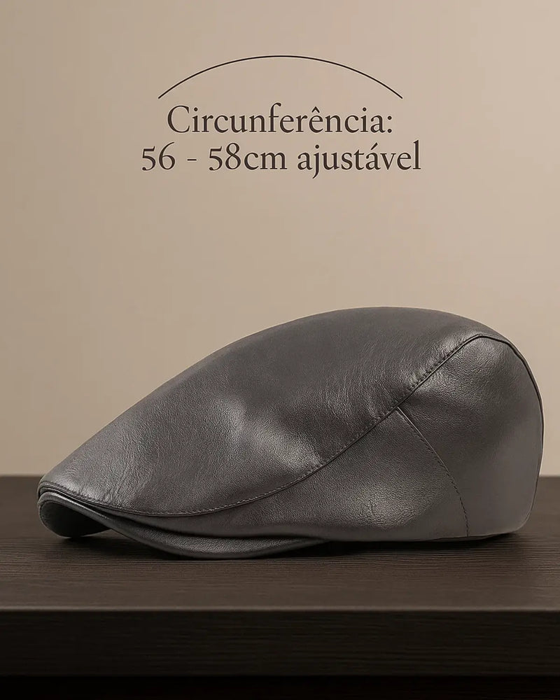 Boina inglesa de couro cinza sobre mesa escura com texto de circunferência ajustável ao fundo.

