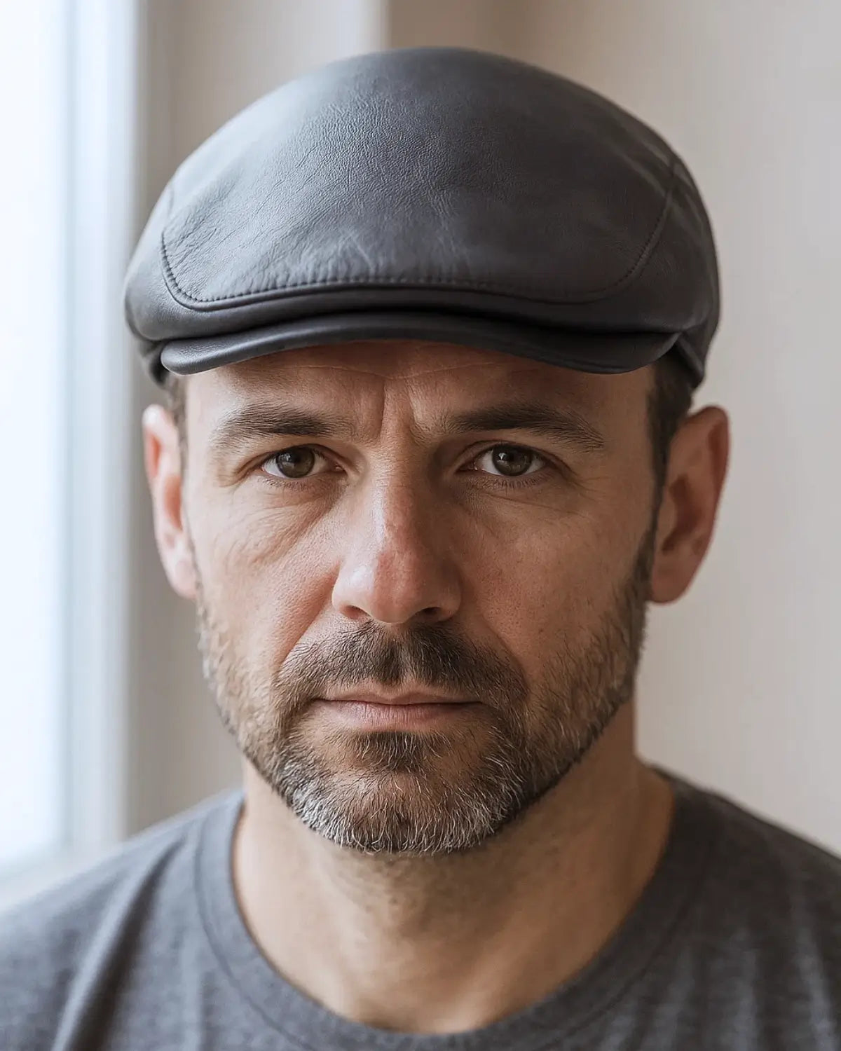 Close no rosto de homem com boina inglesa cinza, expressão séria e iluminação natural.

