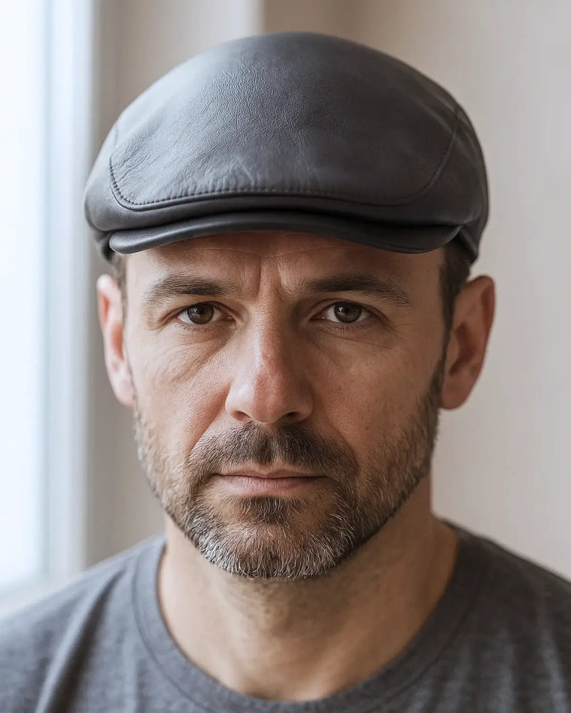 Close no rosto de homem com boina inglesa cinza, expressão séria e iluminação natural.

